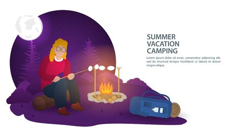 Banner, for the design of a summer camping in nature , a girl at night sitting on a log, in the woods near a fire and preparing dinner food, flat vector illustrationのイラスト素材