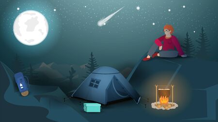 Banner, for the design of summer camping, a man sitting at night in the mountains, next to a tourist tent and a campfire, looking at the night moon, vector flat illustrationのイラスト素材