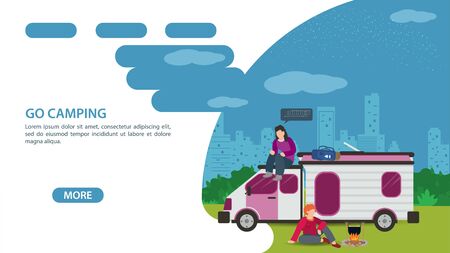 Page, for the design of a website or mobile app, summer camping theme, two people next to a tourist car house on wheels, vector flat illustrationのイラスト素材