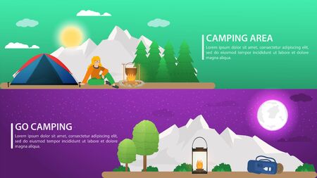 day and night landscape, Background for summer camp nature tourism camping or Hiking, web design concept, mountains, forest, nature, flat vector illustrationのイラスト素材