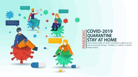 banner, a lot of small people in a mask, sitting on a large molecule COVID-2019, the virus 2019-nCoV, and communicate with each other, flat vector illustrationのイラスト素材