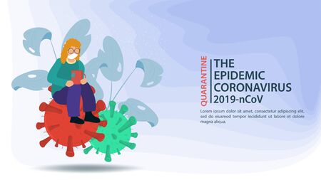 banner, little people in a mask, with a Cup of tea, sitting on a large molecule COVID-2019, virus 2019-nCoV, flat vector illustrationのイラスト素材