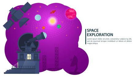 banner, telescope Observatory, observes cosmic bodies in the sky, for web and mobile design sites, flat vector illustrationのイラスト素材