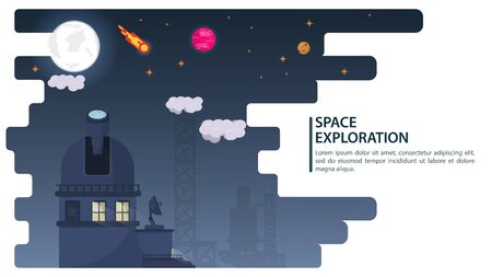 banner, space Observatory, telescope, observes planets and stars, for web and mobile design sites, flat vector illustrationのイラスト素材