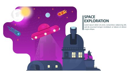banner, UFO, flying saucer, hovering over the hangar area 51, and the Observatory, for web and mobile design sites, flat vector illustrationのイラスト素材