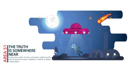 UFO, flying saucer, abducts a person at night, extraterrestrial intelligence, hangar area 51, concept for design, flat vector illustrationのイラスト素材