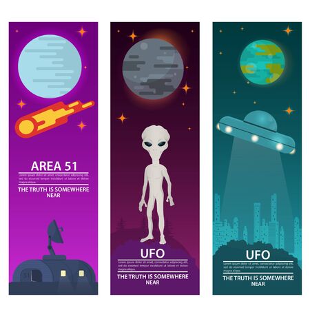 vertical banners, UFO, flying saucer, zone 51, alien, extraterrestrial intelligence, on a night background, design concept, flat vector illustrationのイラスト素材