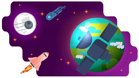 Space artificial satellite, flying past a large planet, in space, design concept, flat vector illustrationのイラスト素材