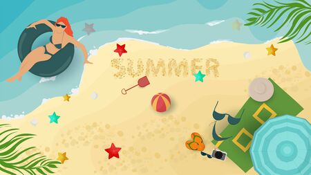 banner summer vacation on the sea beach, girl in a swimsuit in the water on an inflatable circle, on the beach on the sand scattered things for design design, flat vector illustrationのイラスト素材