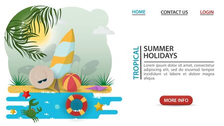 web page design concept, summer vacation, surfboard, ball and hat Panama, on a sandy beach, flat vector illustration cartoonのイラスト素材