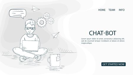 a person is sitting with a laptop, and communicating in an online chat, for a Website Or Mobile Applications, the concept of Artificial Intelligence, contour Vector Illustration in the Doodle styleのイラスト素材