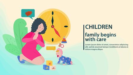 A young mother looks at a baby baby that moves, happy family, caring for children, banner design concept and websites, vector flat illustrationのイラスト素材