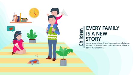 Father and son on their shoulders, and daughter on the floor, playing with a typewriter, happy family, taking care of children, banner and website design concept, vector flat illustrationのイラスト素材