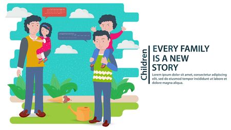 Two fathers and parents, with children, talking to each other, a concept for the design of banners and websites and postcards, vector flat illustrationのイラスト素材