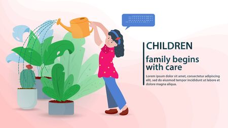 A little girl watering indoor flowers with a watering can, banner and website design concept, vector flat illustrationのイラスト素材