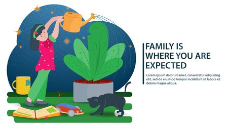 Little girl watering, big flower in a pot, concept for banner design and websites and postcards, vector flat illustrationのイラスト素材