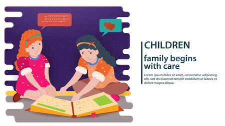 Two teenage girls reading a book sitting on the floor, a concept for banner design and websites and postcards, vector flat illustrationのイラスト素材