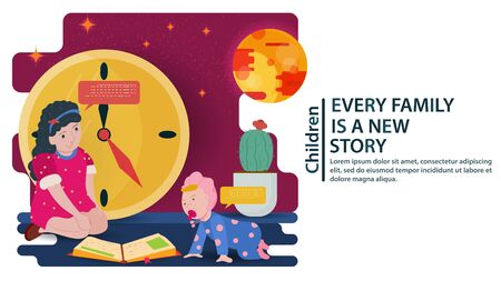 A little teenage girl, sitting on her knees in front of a book, and watching a baby crawl, a concept for banner design and websites and postcards, vector flat illustrationのイラスト素材