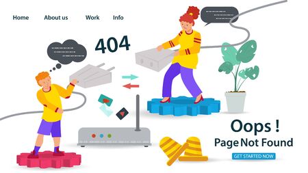 Banner, Oops, 404 error, page not found Internet connection problems, Guy and girl pulling cable to connect to the network, for websites and mobile apps, Flat vector illustrationのイラスト素材