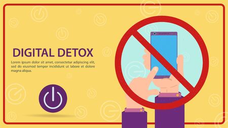 Digital detoxification, sign prohibiting the use of a mobile smartphone, hand turns off the gadget in a crossed-out sign, flat vector illustration, banner for designのイラスト素材