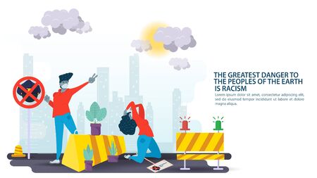Banner for design, social issues of racism, a Guy protesting standing behind a fence, a girl with a banner on her lap, flat cartoon illustrationのイラスト素材
