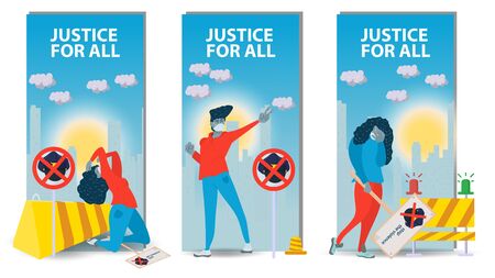 three vertical banners isolated, social issues of racism, People men and women protest, against the...