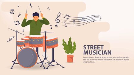 Banner, street musician, Man playing drums and cymbals, musical notes, flat vector illustration cartoonのイラスト素材