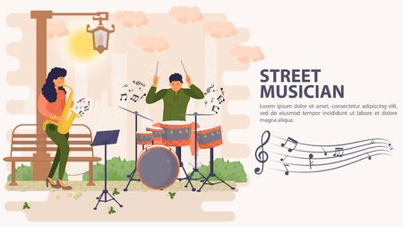 Banner, street musician, Man playing drums and woman playing saxophone, flat vector illustration cartoonのイラスト素材