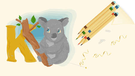 illustration of a banner layout, English alphabet, for learning the alphabet, letter K, Koala bear on a sheet of paper with colored pencilsのイラスト素材