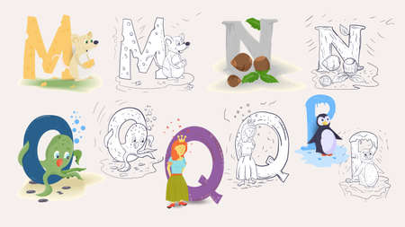 English alphabet, for learning the alphabet, color flat and contour doodlesのイラスト素材