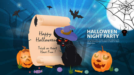 banner for holiday design on the theme of all saints eve Halloween, scroll with greetings, black cat in a witchs hat, flat vector illustrationのイラスト素材