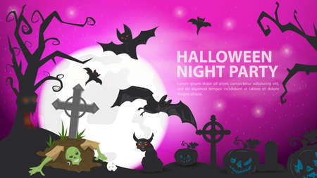 banner for holiday design on the theme of all saints eve Halloween, a Witch with a lantern flying on a broom, mimio of a tree with pumpkins, flat vector illustrationのイラスト素材