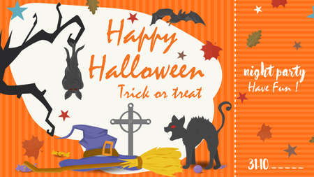 Orange ticket with a place to break away, to enter the holiday party all saints eve Halloween, Pumpkin cauldron with potion and witch hat, flat vector illustrationのイラスト素材