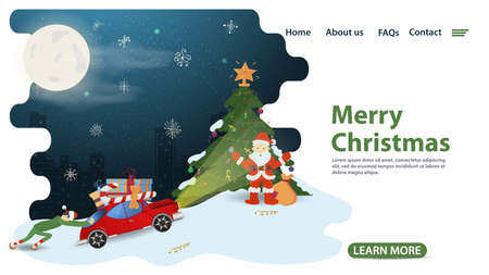 banner for Christmas and new year design, mobile app web pages, elf guy pushing a car that carries gifts under the Christmas tree, flat vector illustrationのイラスト素材