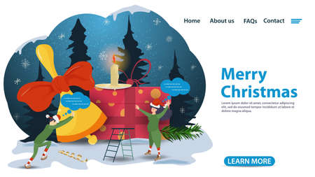banner for Christmas and new year design, mobile app web pages, Elves helpers install a bell, flat vector illustrationのイラスト素材