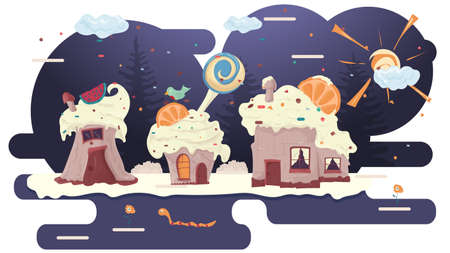 home cooking cakes, in a glade of icing, among trees of flowers, flat vector illustration for design...