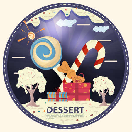 chocolate bear with candy, sitting next to gift boxes, labeled dessert, round sticker flat designのイラスト素材