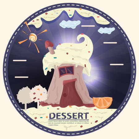 chocolate bear with candy, sitting next to gift boxes, labeled dessert, round sticker flat design