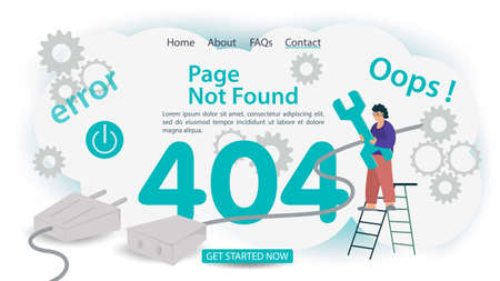 oops, 404 error, page not found, banner Internet connection problems, robot clicks the number four, for websites and mobile apps, Flat vector illustrationのイラスト素材