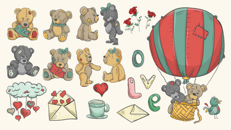 a large set of colored contour illustrations, Teddy bear toys, for decoration design, Valentines day, in the style of childrens Doodleのイラスト素材
