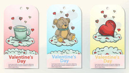 three card layouts for the Valentines Day design, an illustration in the style of childrens doodles, on the clouds are located, a teddy bear toy, a calendar, and a gift boxのイラスト素材