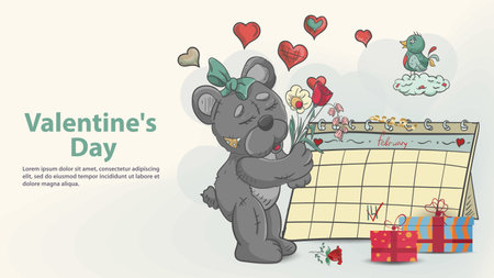 three card layouts for the Valentines Day design, an illustration in the style of childrens doodles, on the clouds are located, a teddy bear toy, a calendar, and a gift boxのイラスト素材