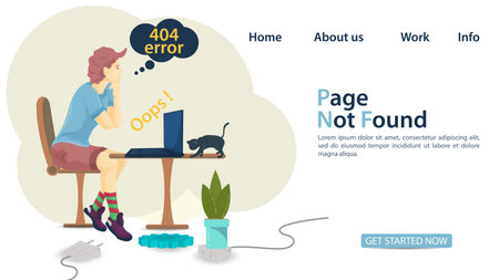 Banner, oops 404 error, page not found, man and woman sitting on laptop, back to numbers, for website and mobile app design, Flat vector illustrationのイラスト素材