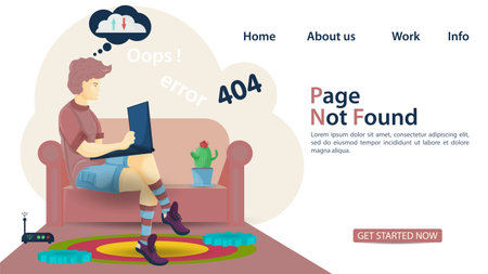 Banner, oops 404 error, page not found, man and woman sitting on laptop, back to numbers, for website and mobile app design, Flat vector illustrationのイラスト素材