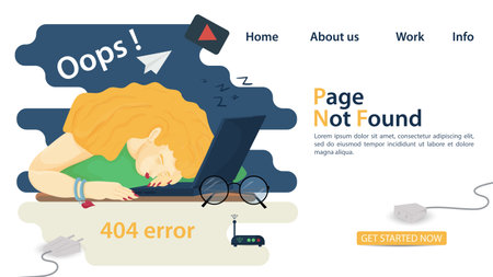 Banner, oops 404 error, page not found, man and woman sitting on laptop, back to numbers, for website and mobile app design, Flat vector illustrationのイラスト素材