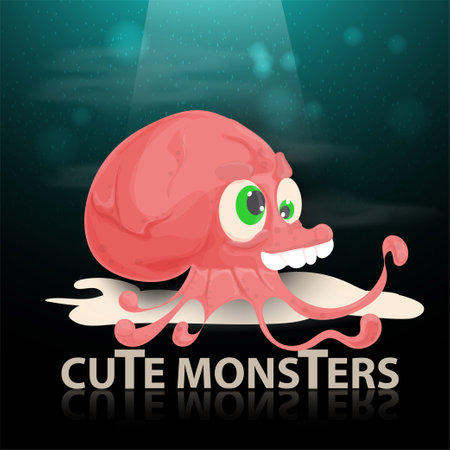 flat illustration of a cartoon cute yellow monster with spots a snake crawling in the light beam, the mirror inscriptionのイラスト素材