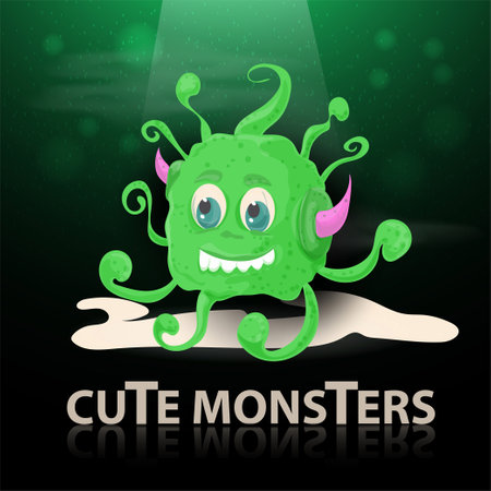 flat illustration of a cartoon cute yellow monster with spots a snake crawling in the light beam, the mirror inscriptionのイラスト素材