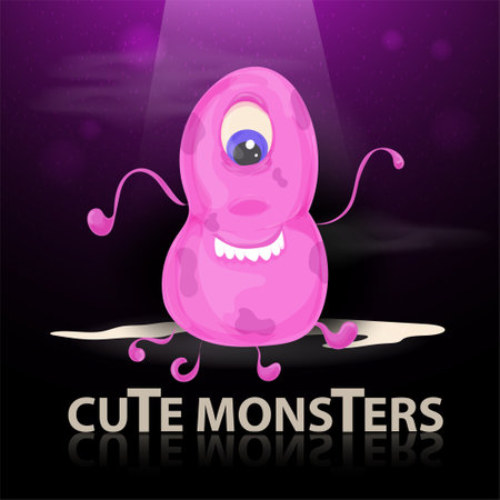 flat illustration of a cartoon cute yellow monster with spots a snake crawling in the light beam, the mirror inscriptionのイラスト素材