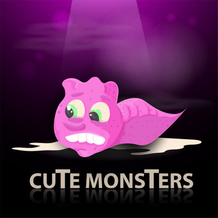 flat illustration of a cartoon cute yellow monster with spots a snake crawling in the light beam, the mirror inscriptionのイラスト素材