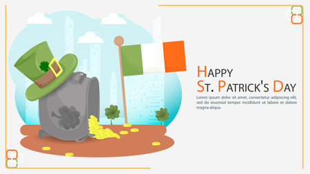 Flat illustration banner for decorating designs, on the theme of celebrating the Irish St. Patricks Day, a guy sitting on a large pot of gold coins, holding a mug of Aleのイラスト素材